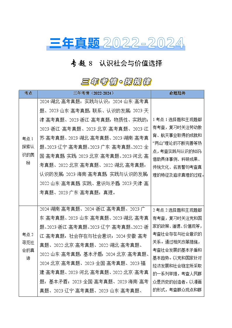 三年（2022-2024）高考政治真题分类汇编专题08 认识社会与价值选择（原卷版）01