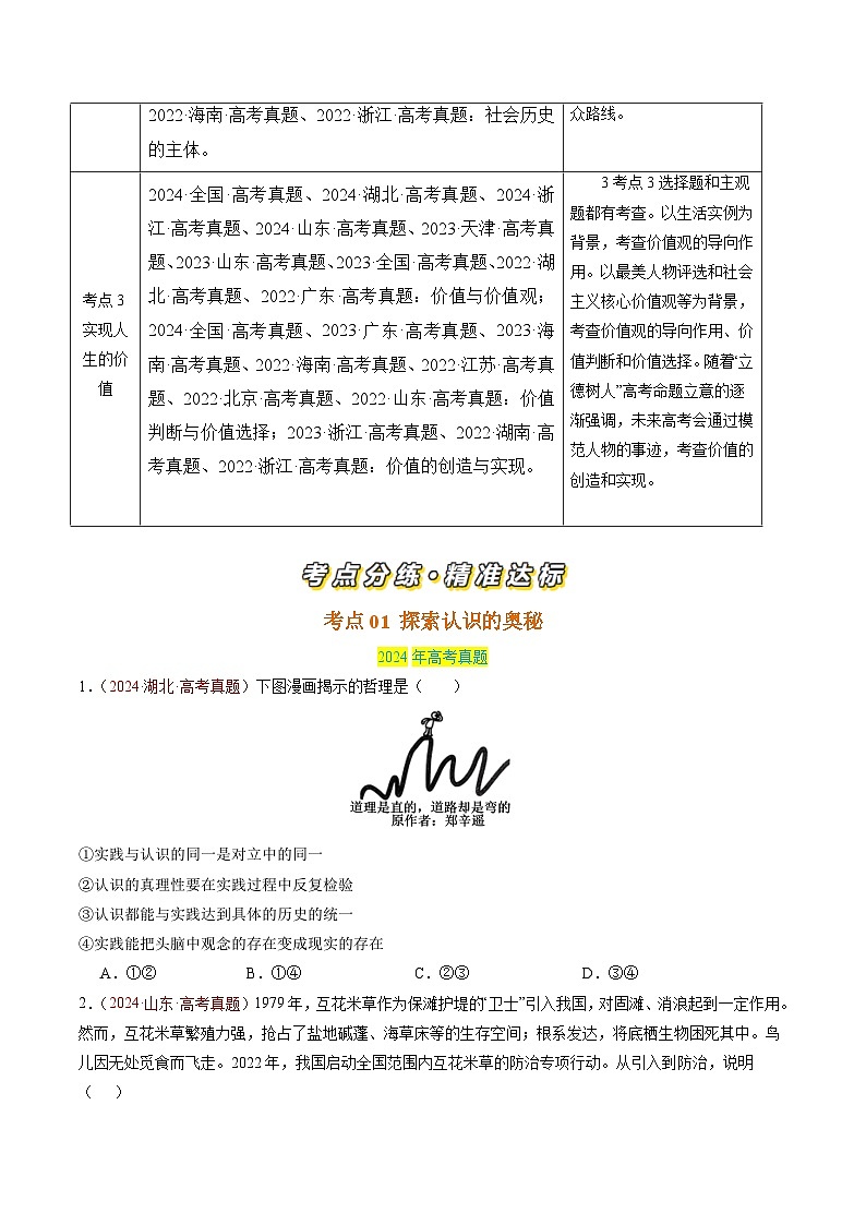 三年（2022-2024）高考政治真题分类汇编专题08 认识社会与价值选择（原卷版）02
