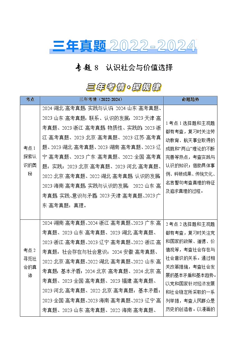 三年（2022-2024）高考政治真题分类汇编专题08 认识社会与价值选择（解析版）01