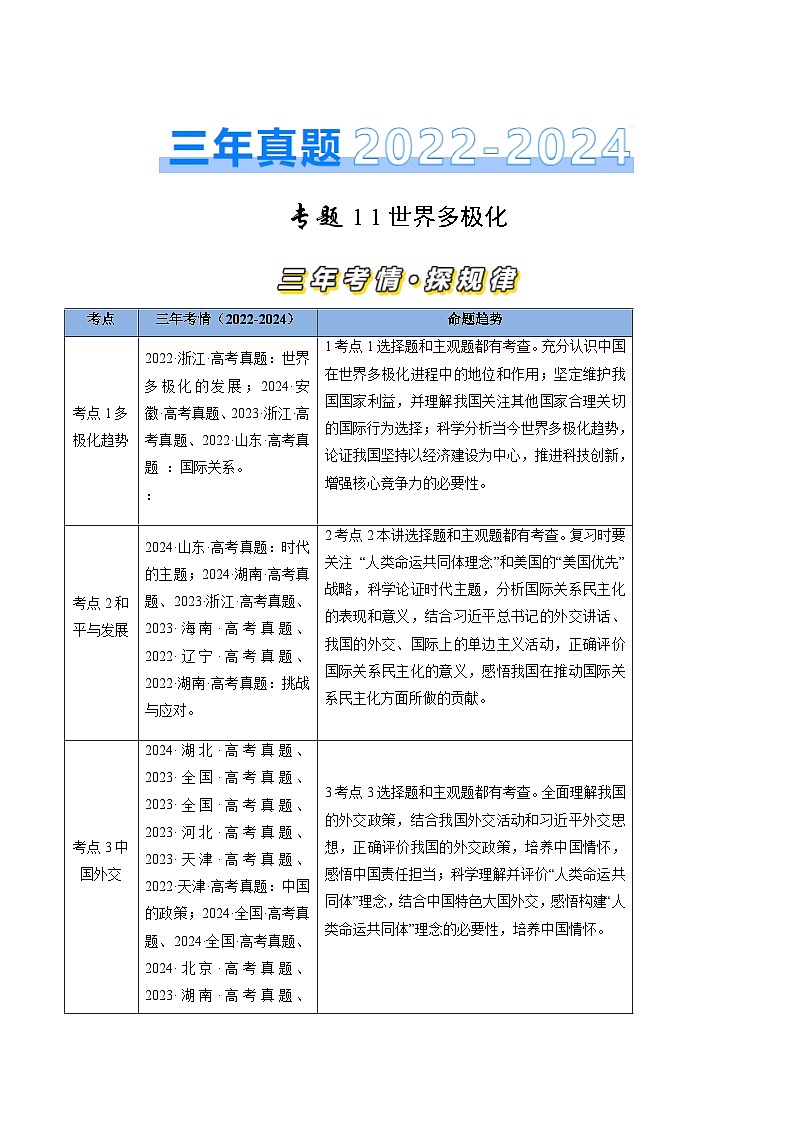 三年（2022-2024）高考政治真题分类汇编专题11 世界多极化（原卷版）01