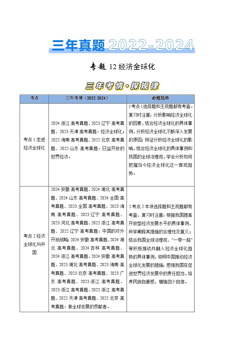三年（2022-2024）高考政治真题分类汇编专题12 经济全球化（原卷版）01