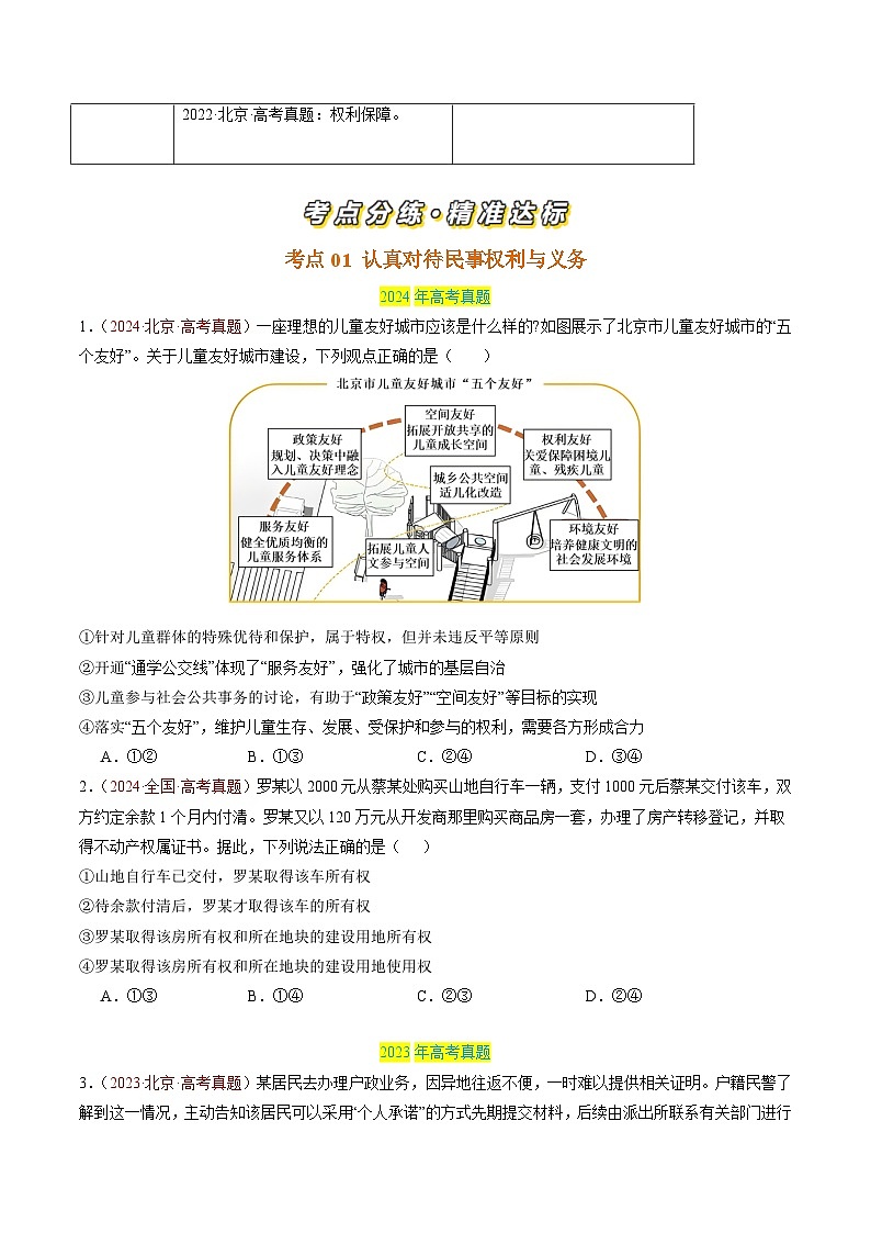 三年（2022-2024）高考政治真题分类汇编专题13 民事权利与义务（原卷版）02