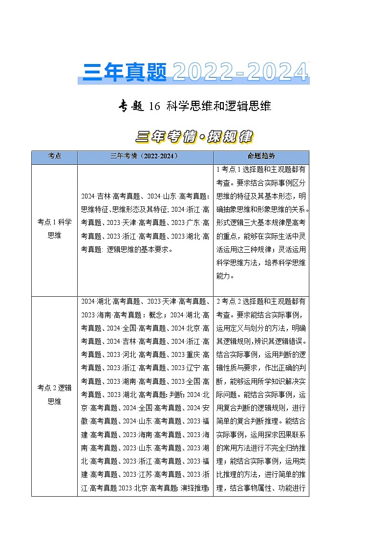 三年（2022-2024）高考政治真题分类汇编专题16 科学思维和逻辑思维（原卷版）01