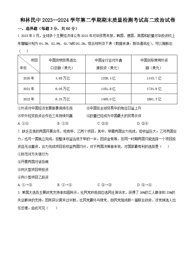 内蒙古和林格尔县民族中学2023-2024学年高二下学期期末考试政治试题（原卷版）01