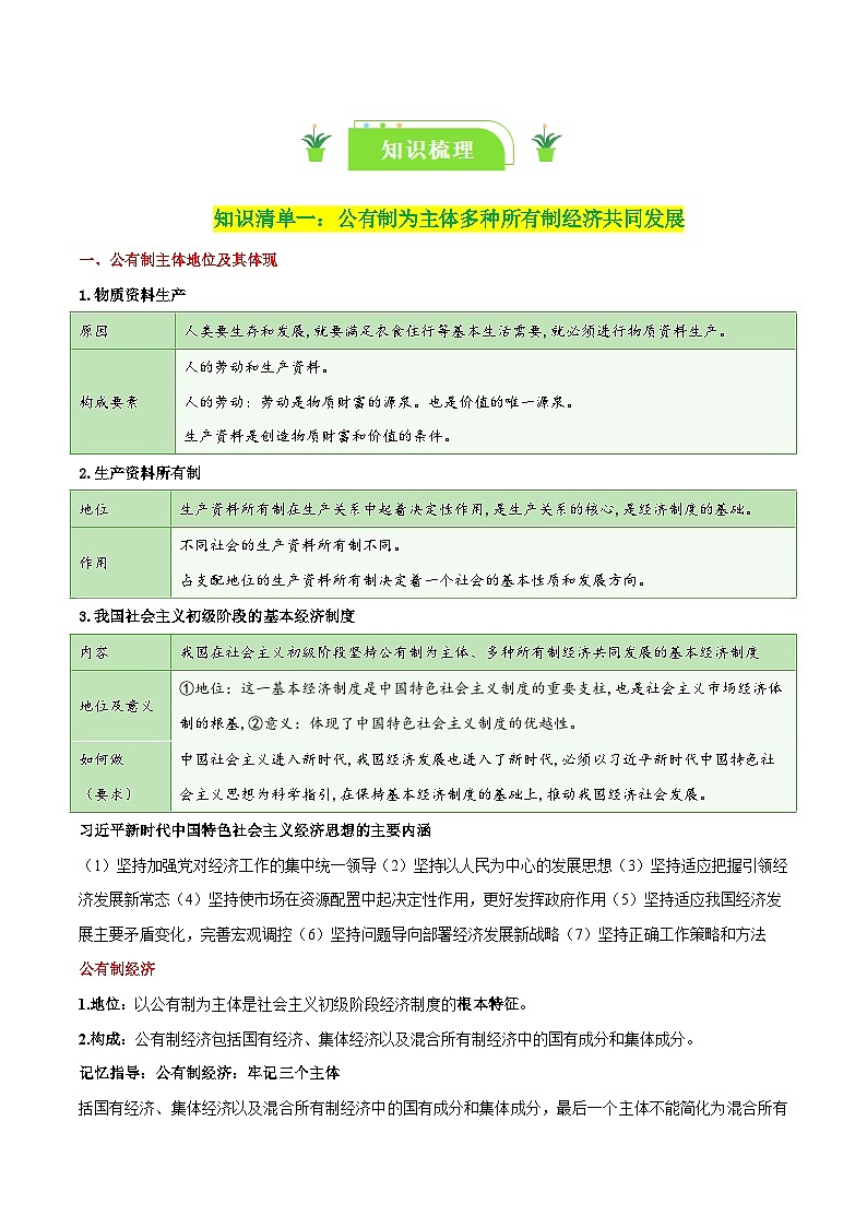 专题05 我国的生产资料所有制-【复习清单】最新高考政治一轮复习讲义（新高考通用）02