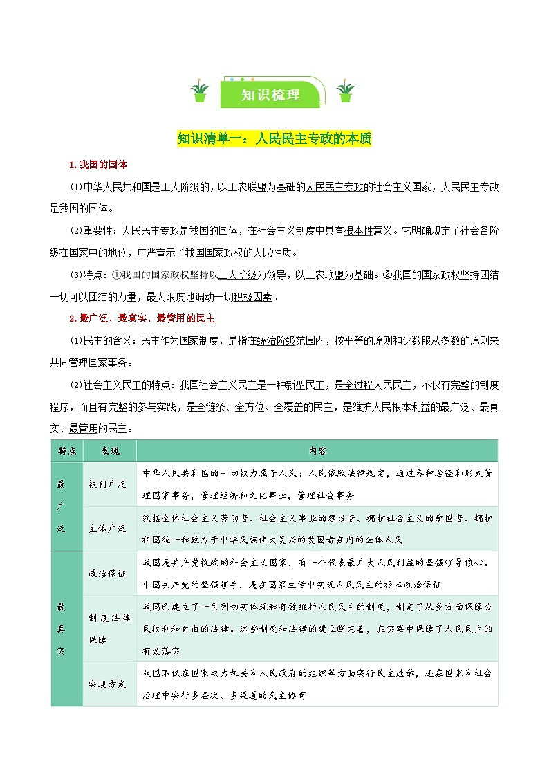 专题12 人民民主专政的社会主义国家-【复习清单】最新高考政治一轮复习讲义（新高考通用）02