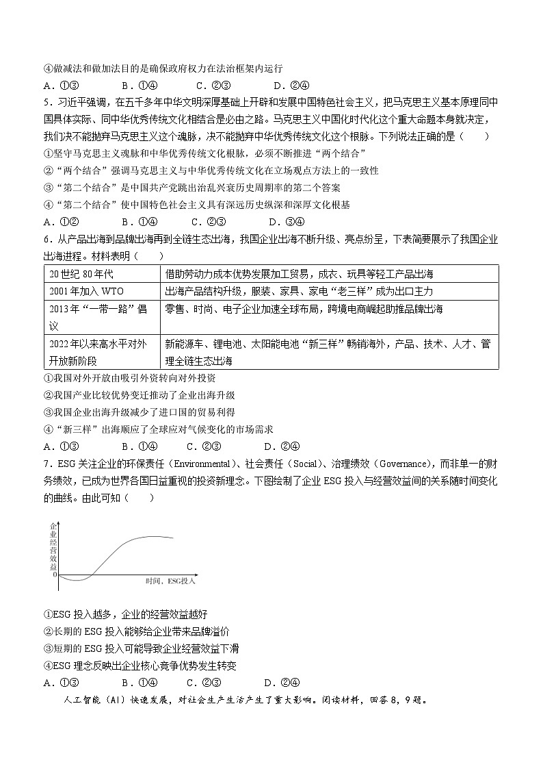 2024重庆高考政治真题(无答案)02
