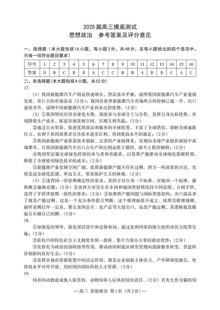 政治试卷答案第1页