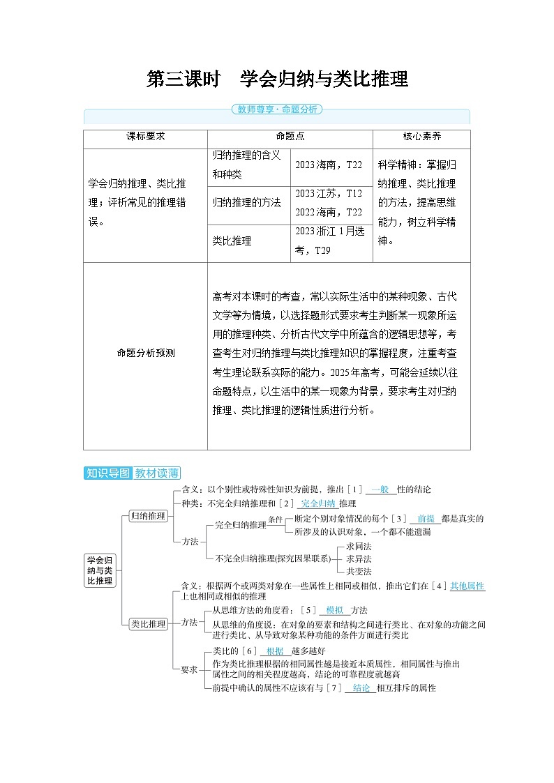 2025年高考政治精品教案选择性必修3 逻辑与思维 第二课 遵循逻辑思维规则 第三课时 学会归纳与类比推理第1页