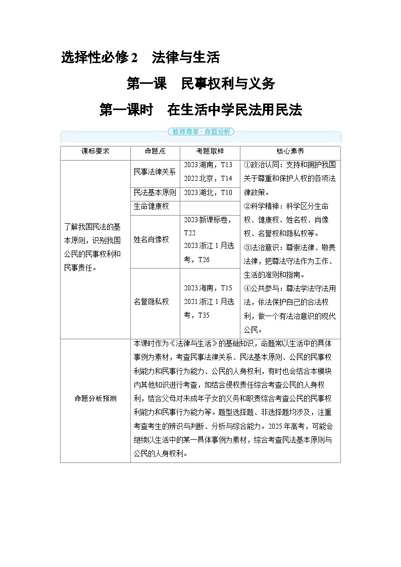 2025年高考政治精品教案选择性必修2 法律与生活 第一课 民事权利与义务 第一课时 在生活中学民法用民法01