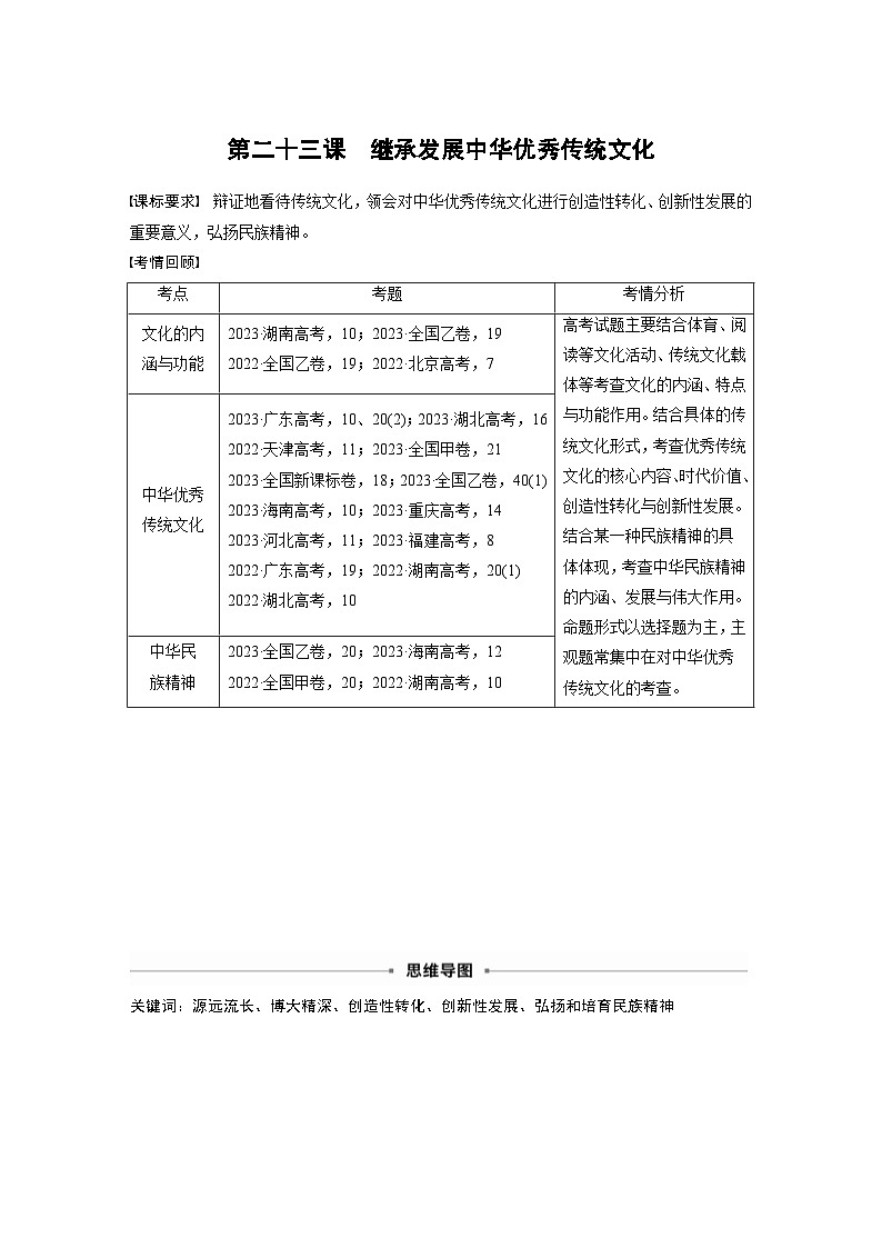 新高考政治一轮复习讲义必修4第二十三课继承发展中华优秀传统文化（教师版）第1页