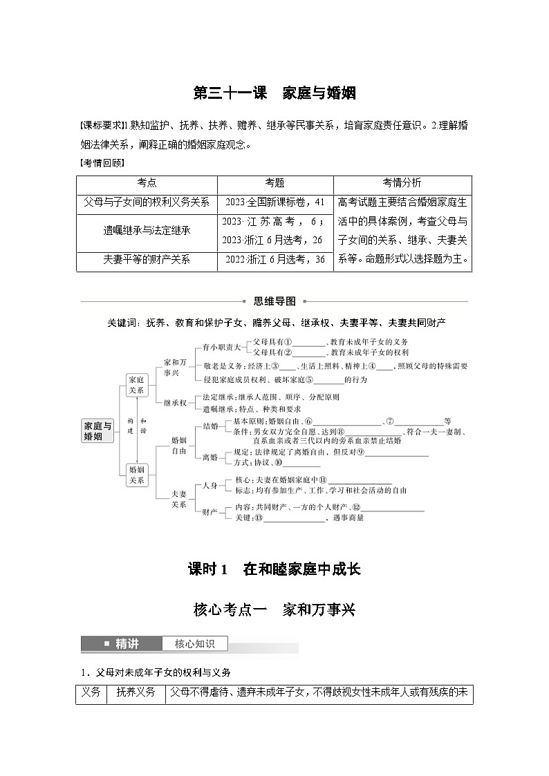 新高考政治一轮复习讲义选择性必修2第三十一课课时1在和睦家庭中成长（原卷版）第1页