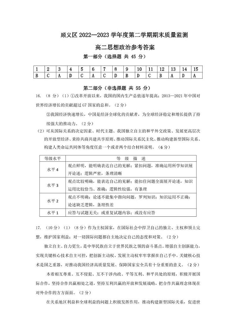 北京市顺义区2022-2023学年高二下学期期末考试政治试卷（PDF版附答案）01