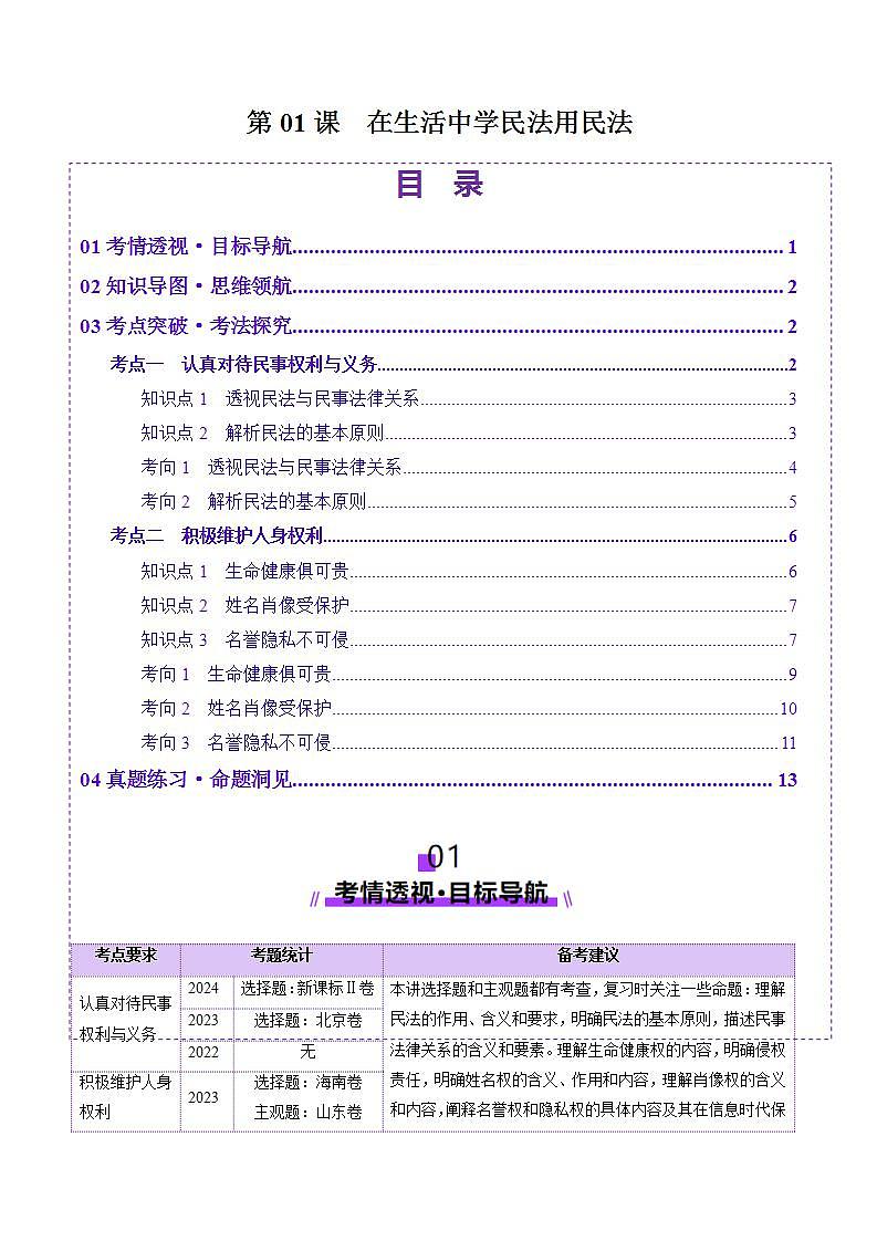 新高考政治一轮复习讲练测第01课  在生活中学民法用民法（讲义）（解析版）第1页