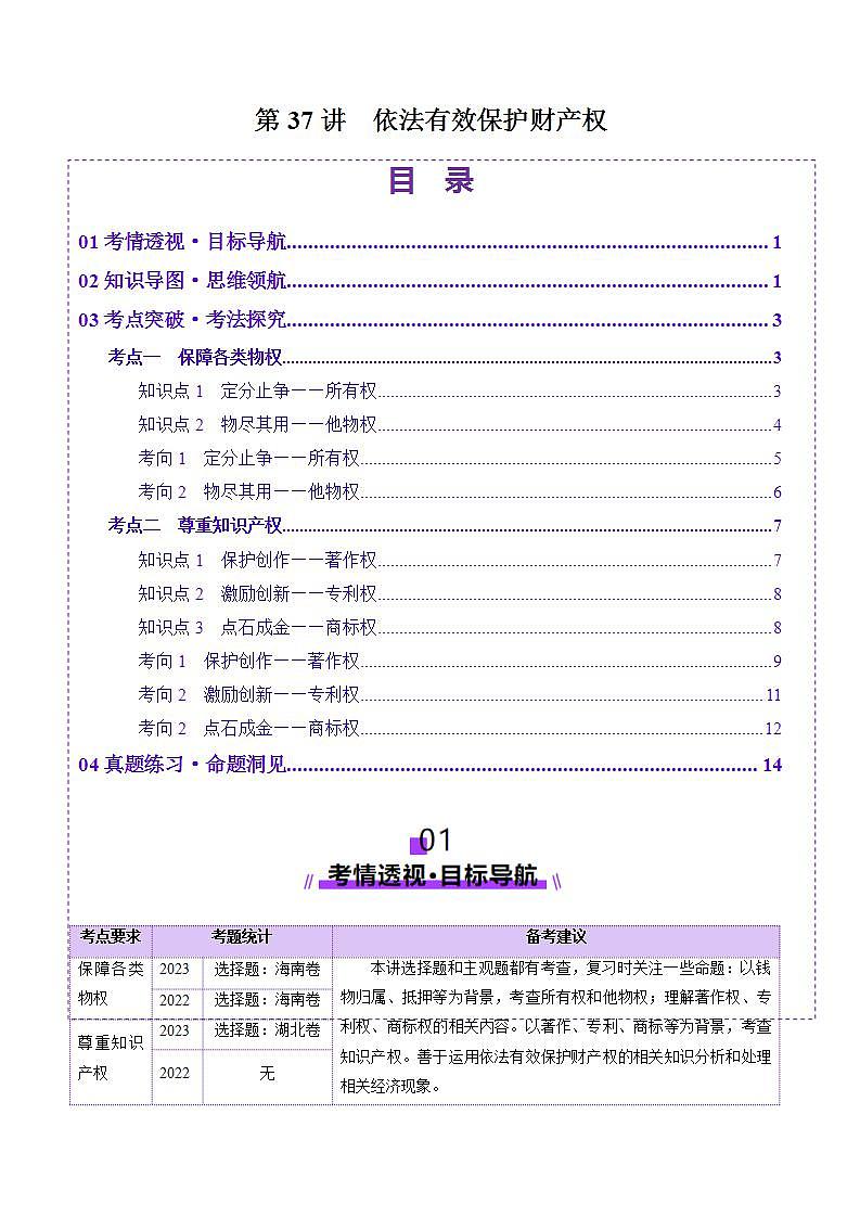 新高考政治一轮复习讲练测第02课  依法有效保护财产权（讲义）（原卷版）第1页