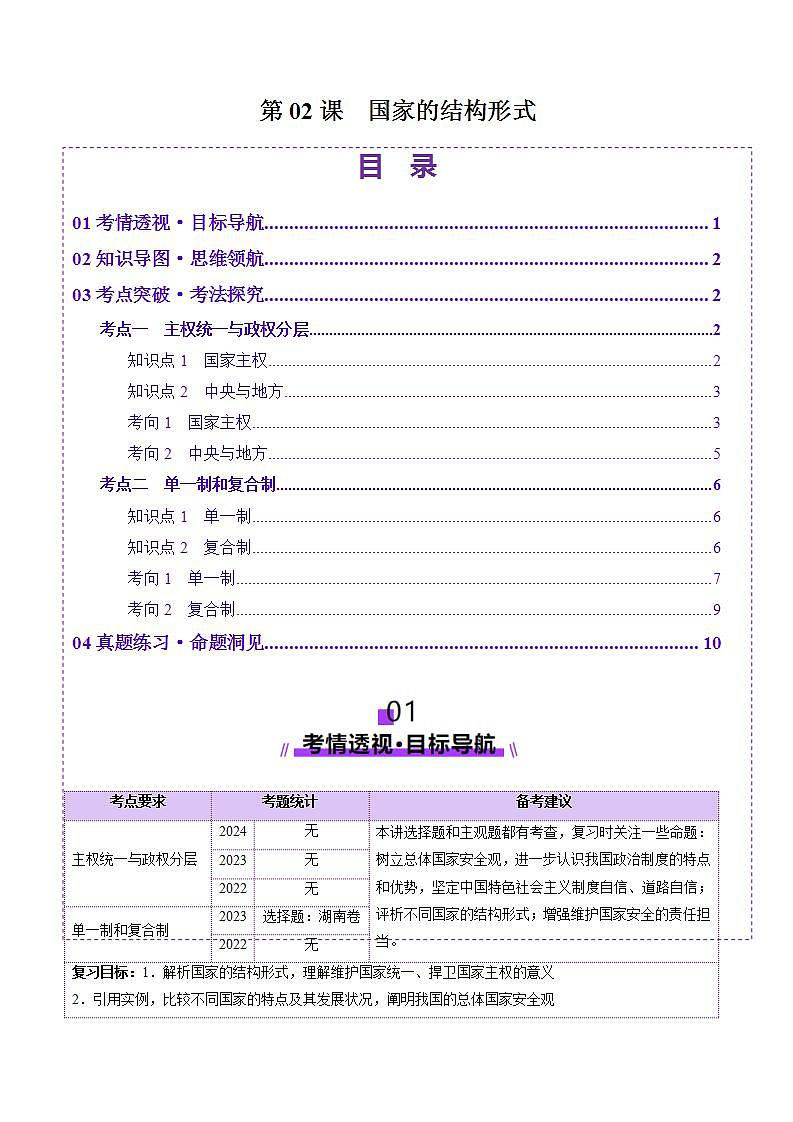新高考政治一轮复习讲练测第02课  国家的结构形式（讲义）（解析版）第1页