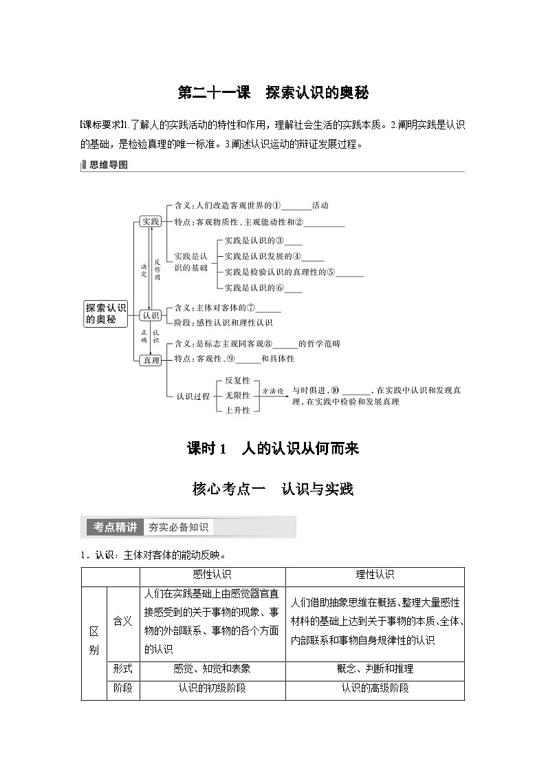 新高考政治一轮复习讲义必修4第21课课时1人的认识从何而来（原卷版）第1页