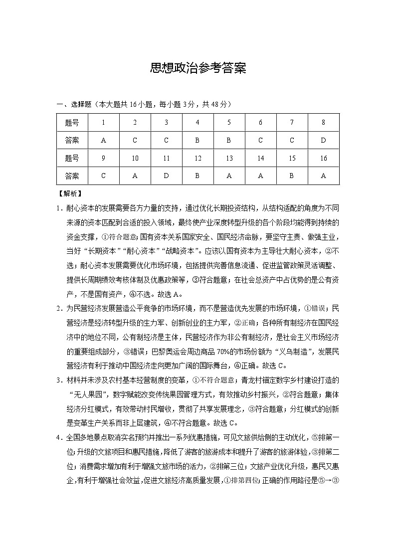 重庆市巴蜀中学2024-2025学年高三上学期高考适应性月考（一）政治试卷01