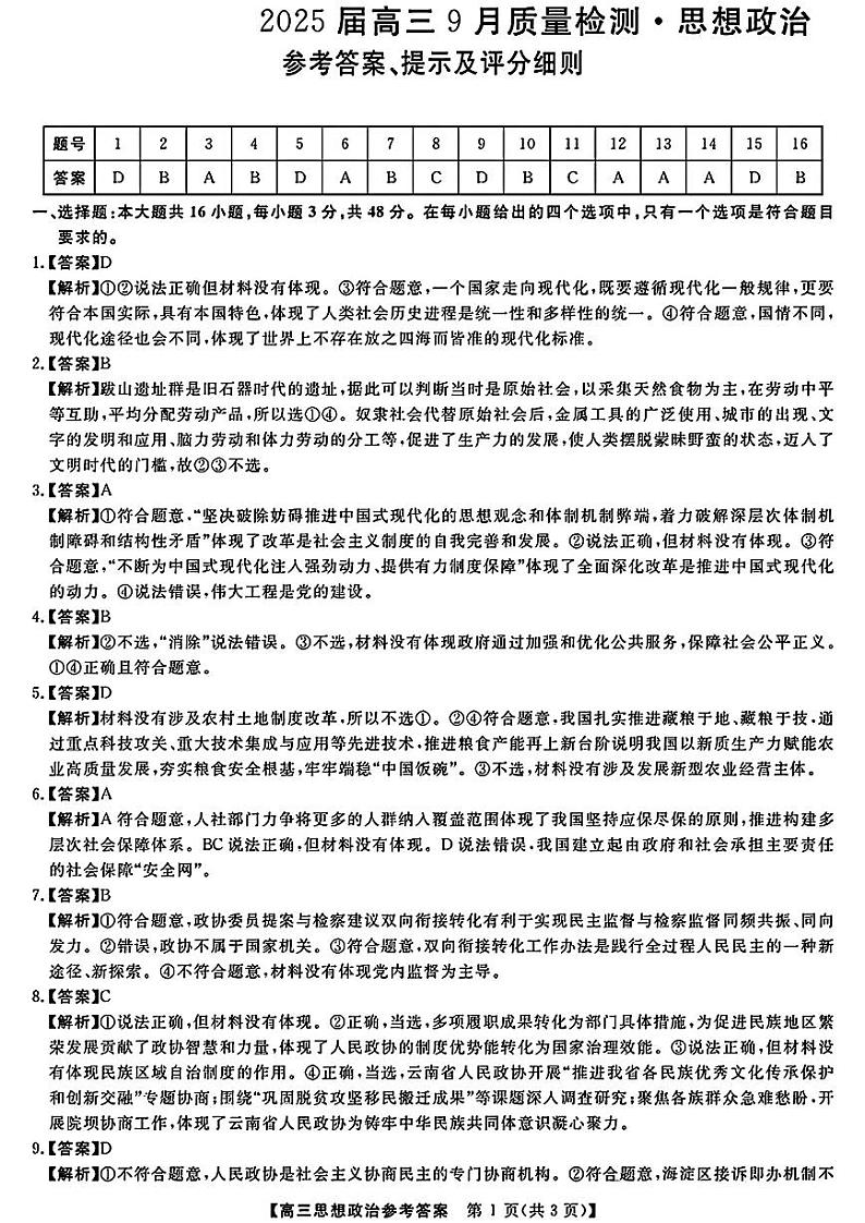 金科大联考·2025届高三9月质量检测+政治试卷答案第1页