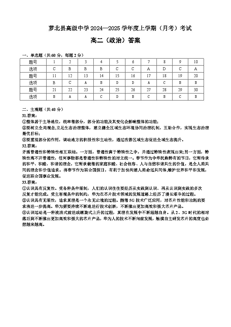 黑龙江省萝北县高级中学2024-2025学年高二上学期9月考试政治试题01