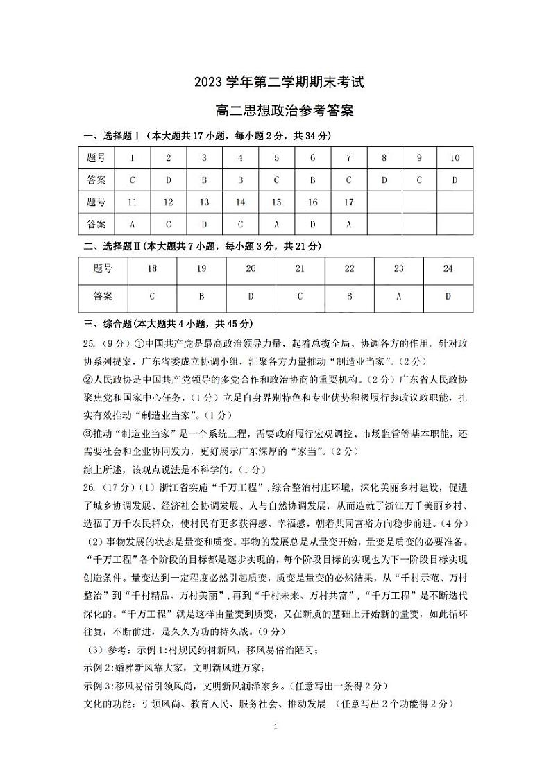 宁波慈溪市2023-2024学年高二第二学期期末测试+政治试卷答案第1页