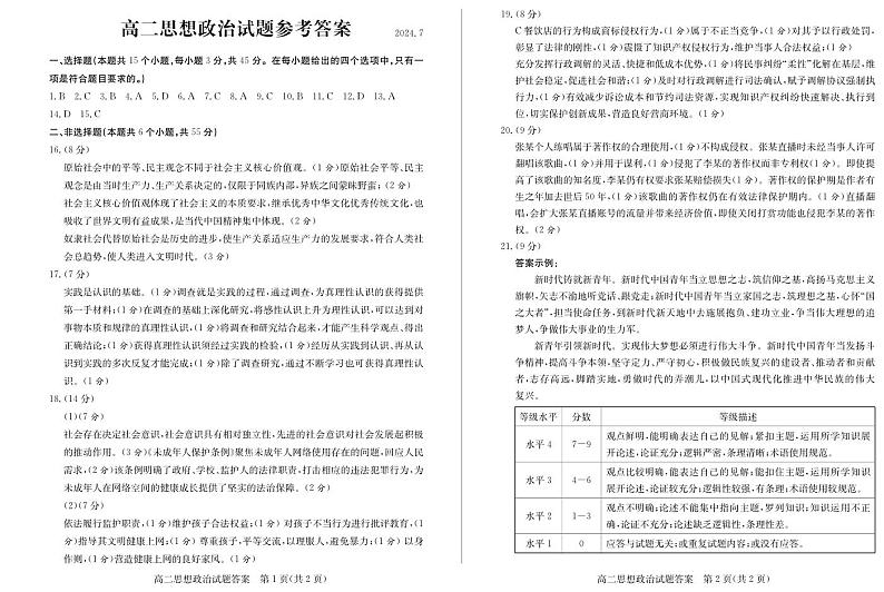 山东省滨州市2023-2024学年高二下学期期末考试+政治试卷答案第1页