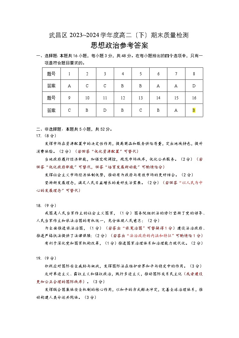 武汉市武昌区2023—2024学年度高二年级期末质量检测+政治试卷（含答案）01