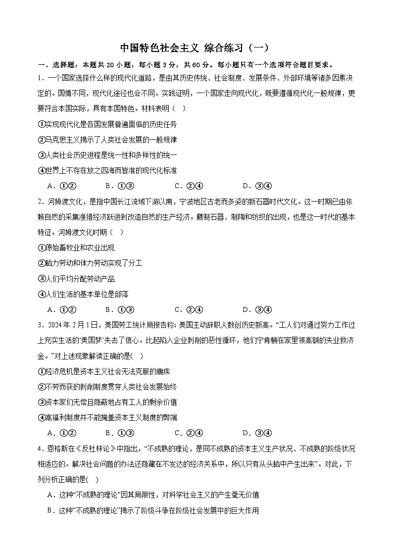 中国特色社会主义 综合练习（一）2024-2025学年度高中政治统编版必修一中国特社会主义第1页