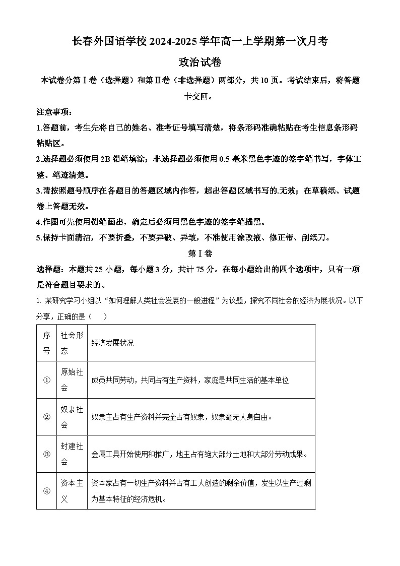 吉林省长春外国语学校2024-2025学年高一上学期第一次月考政治试题 Word版无答案第1页