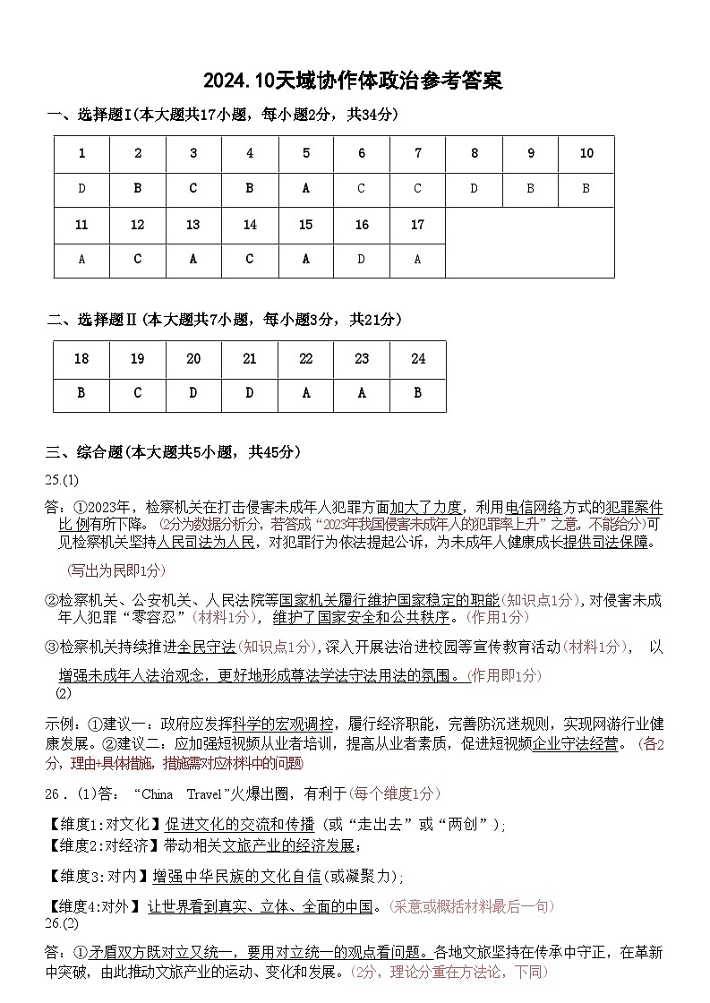 【百强校大联考】【浙江卷】2024-2025学年第一学期2025届天域全国名校协作体联考暨浙江省10月联考（10.6-10.8）             政治试卷答案第1页