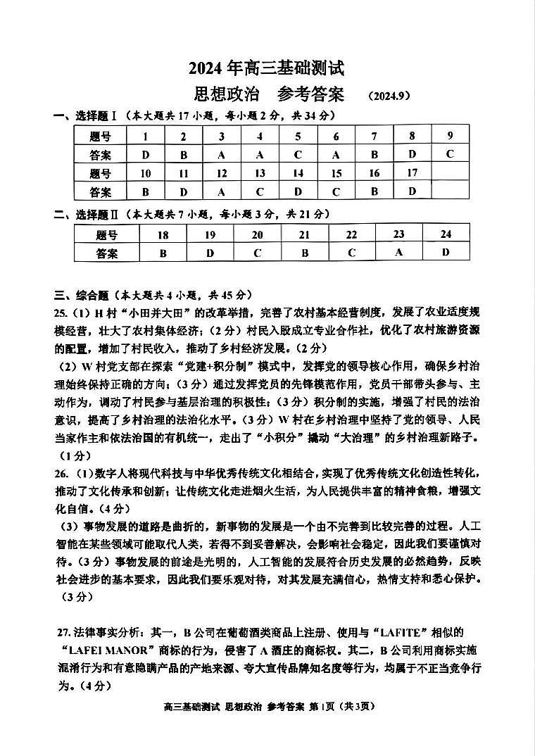 【浙江卷】浙江省嘉兴市2024年高三年级9月基础测试（嘉兴基测）（9.18-9.20）                政治试卷答案第1页