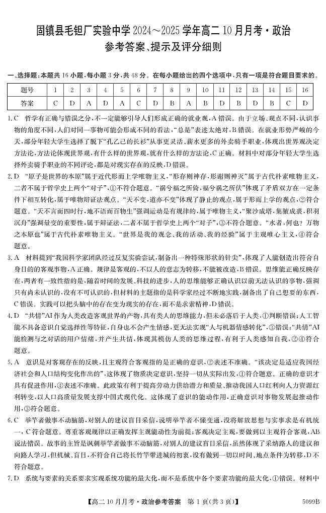 安徽省蚌埠市固镇县毛钽厂实验中学2024-2025学年高二上学期10月月考试政治试题答案第1页