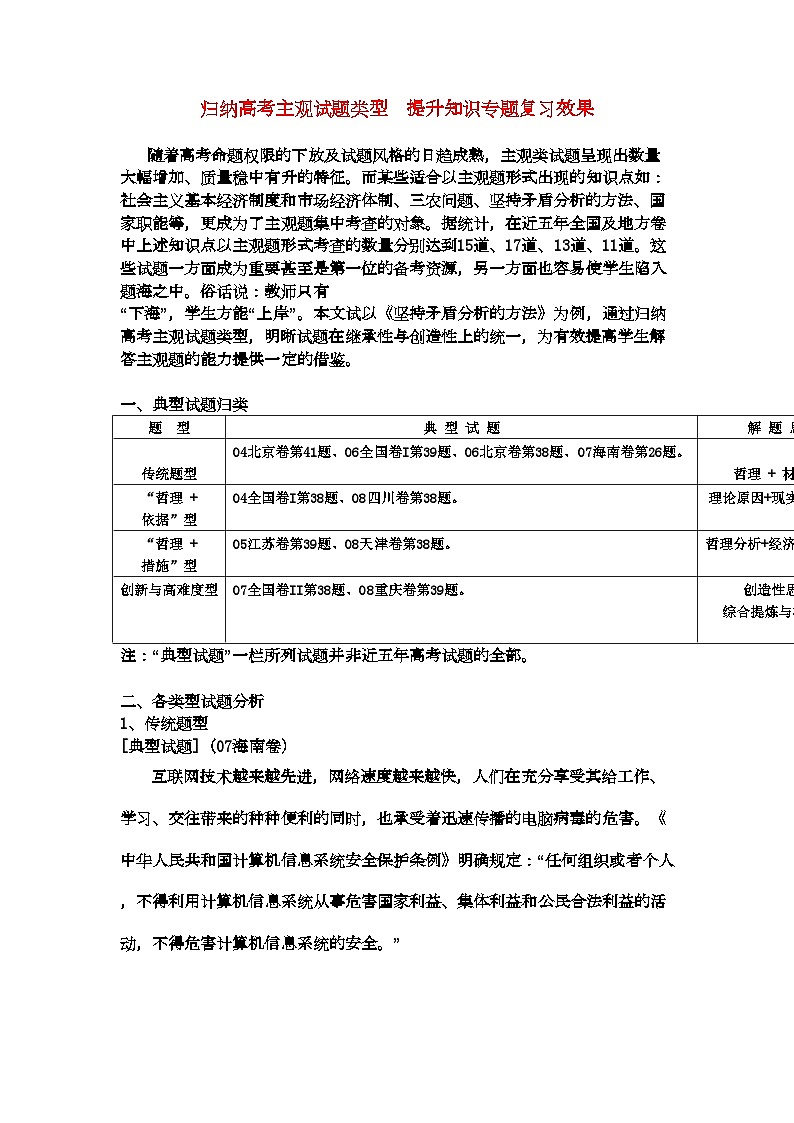 2022年高中政治教学论文归纳高考主观试题类型提升知识专题复习效果01