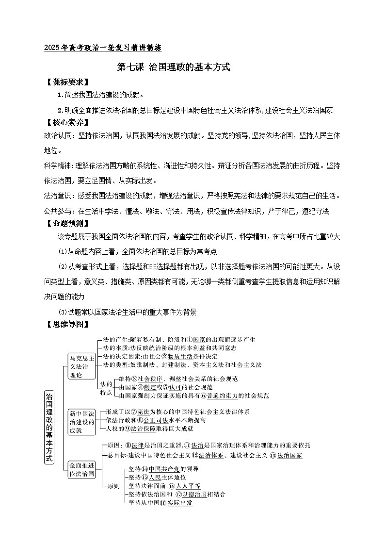 第七课 治国理政的基本方式 （学案）-【抢分秘籍】2025年高考政治一轮复习精讲精练01