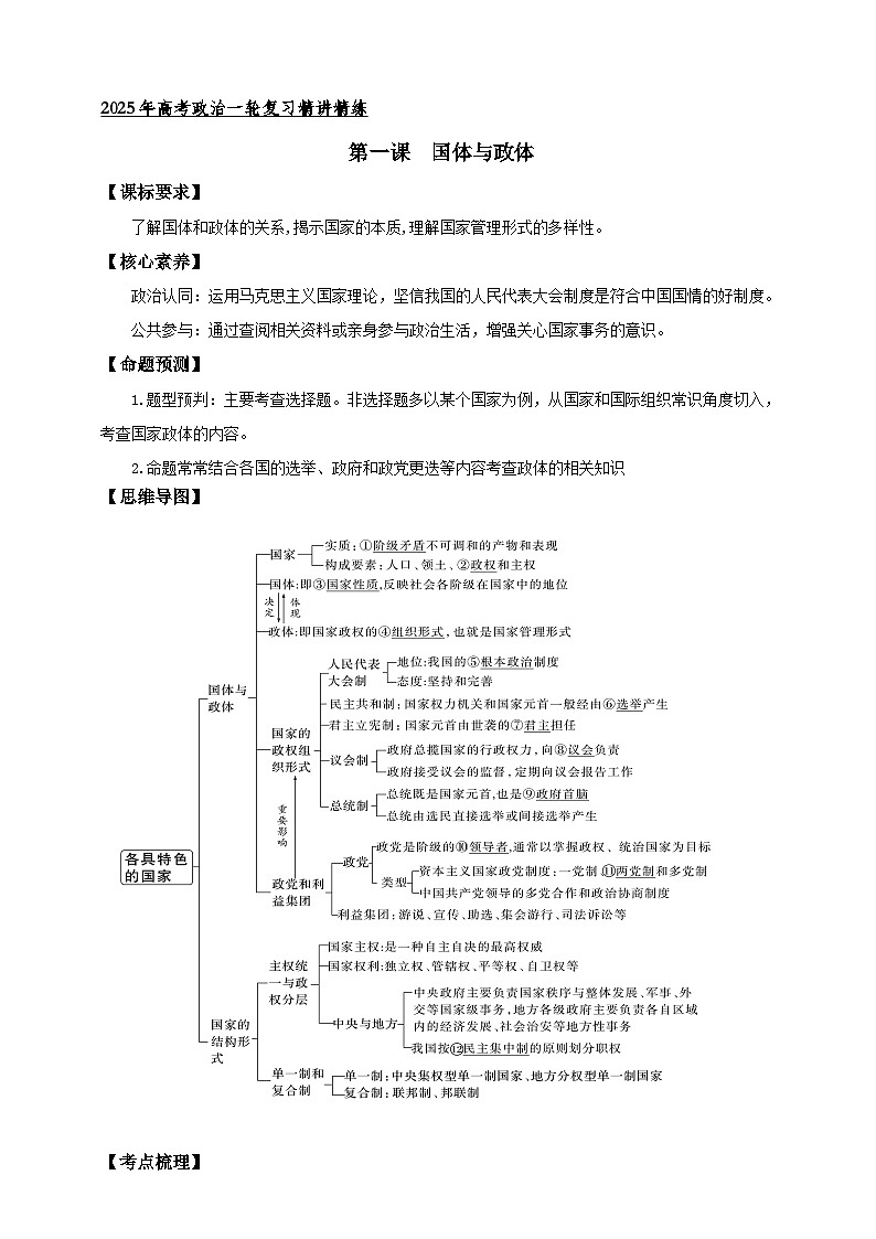 第一课 国体与政体 学案（原卷版）【抢分秘籍】2025年高考政治一轮复习精讲精练第1页