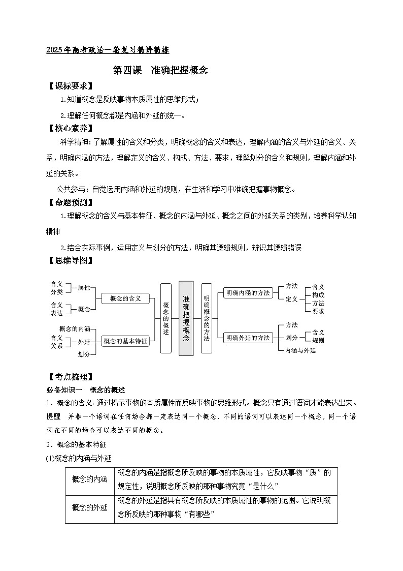 第四课  准确把握概念 学案（原卷版）【抢分秘籍】2025年高考政治一轮复习精讲精练第1页