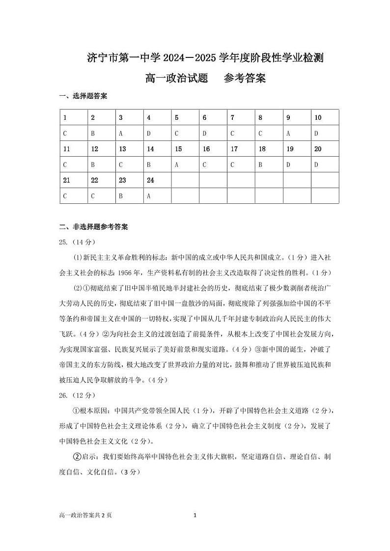 7-济宁市第一中学 2024-2025 学年度阶段性学业检测高一期中政治答案第1页