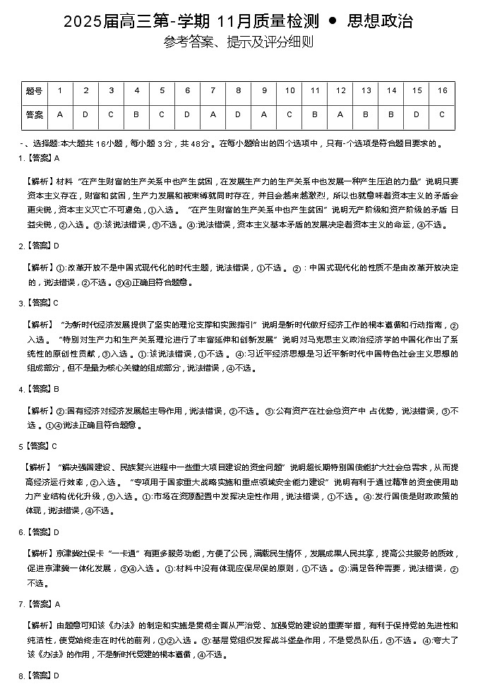 【河南卷】河南省部分示范性重点高中2024-2025学年2025届高三第一（上）学期11月期中质量检测（11.21-11.22）政治试卷答案第1页