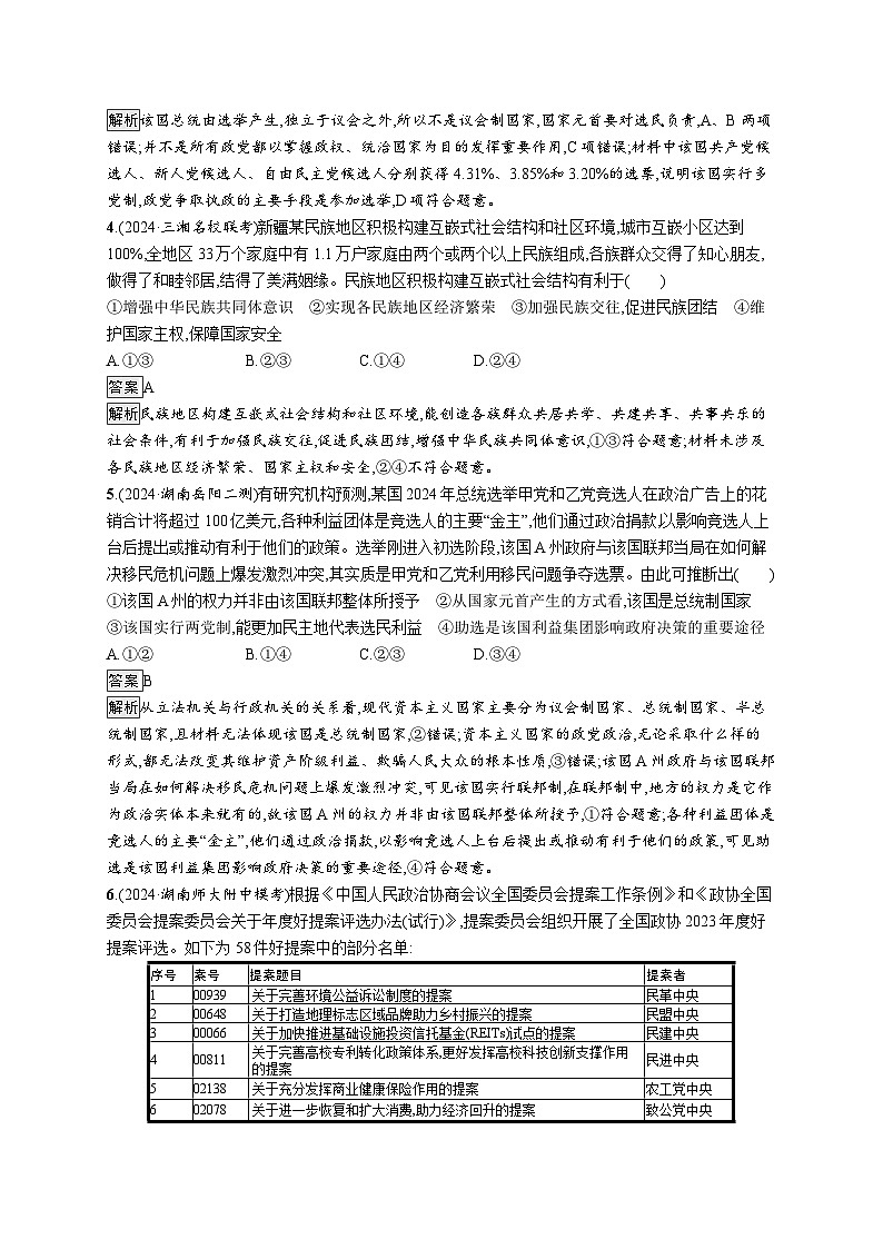 备战2025年高考二轮复习政治（湖南版）大单元突破练10 我国的基本政治制度第2页