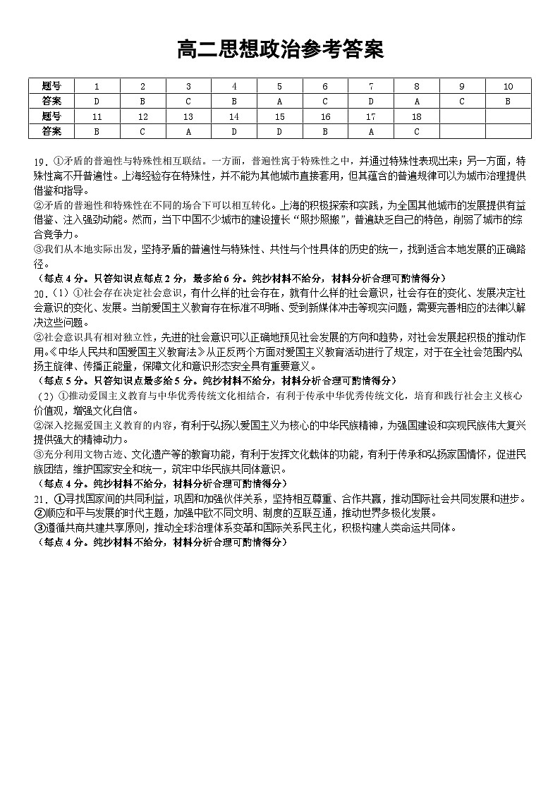 仁怀六中2024年秋季学期期中考试高二思想政治参考答案第1页
