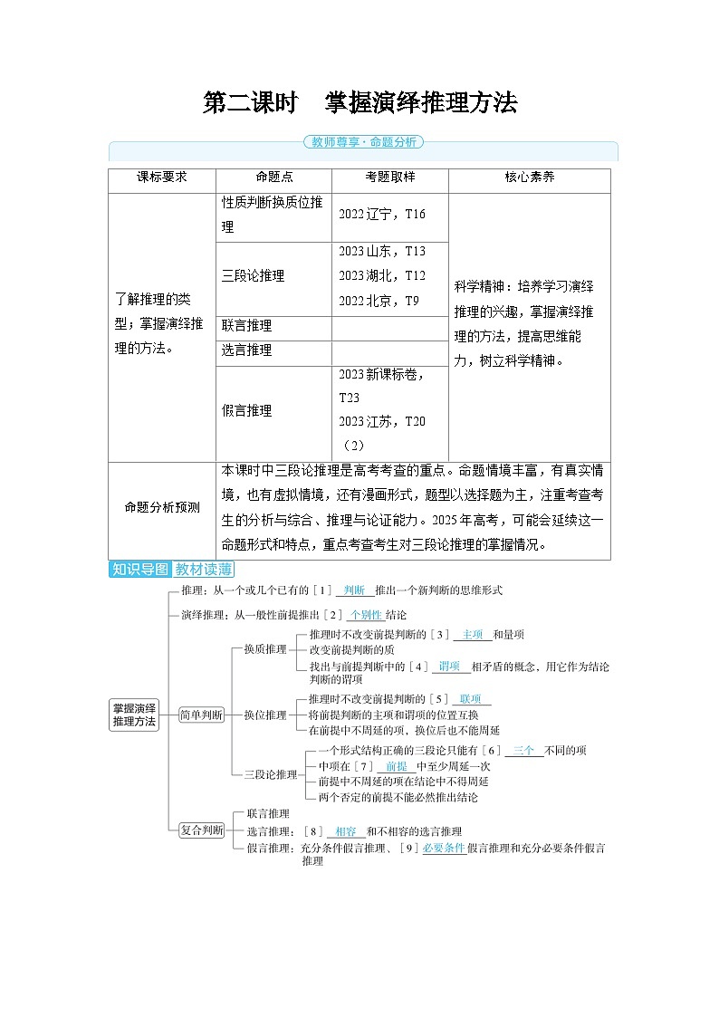 备战2025年高考政治精品教案选择性必修3逻辑与思维第二课遵循逻辑思维规则第二课时掌握演绎推理方法（Word版附解析）第1页