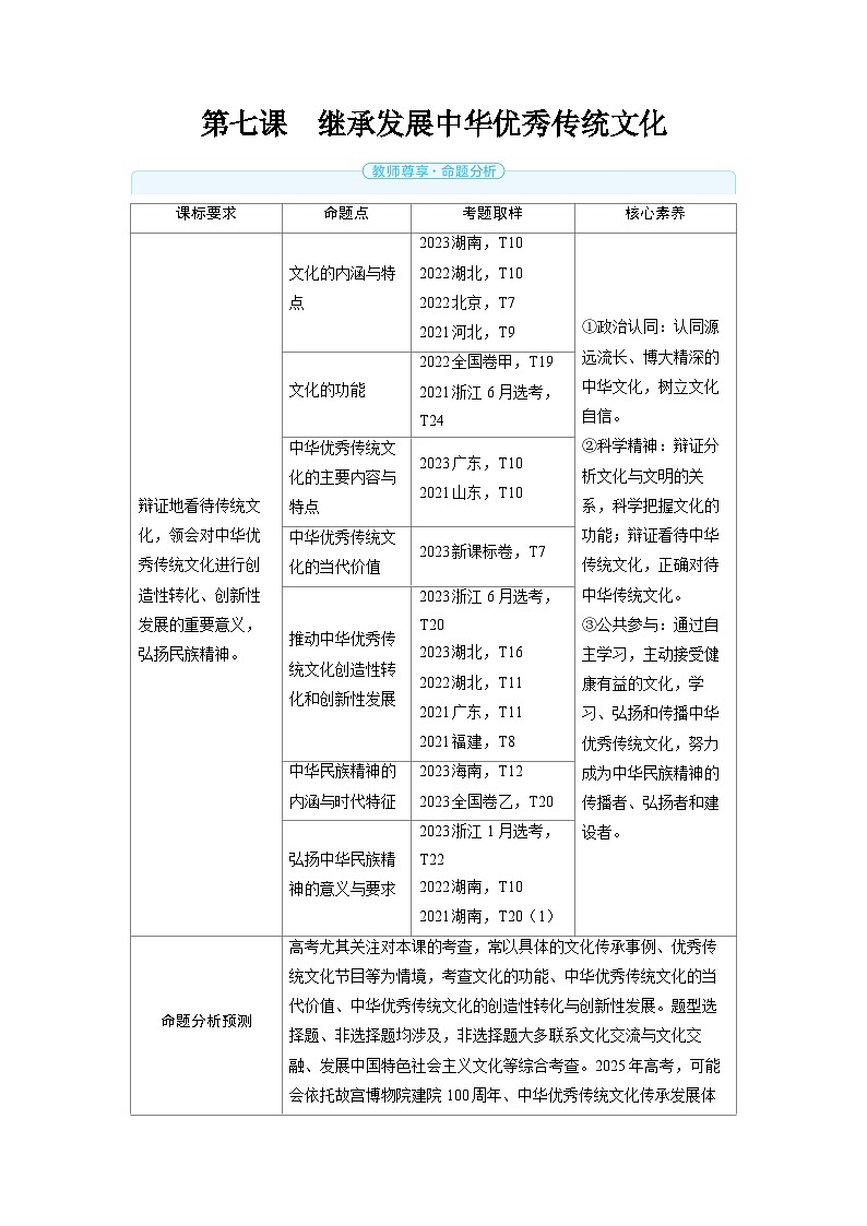 备战2025年高考政治精品教案必修4哲学与文化第七课继承发展中华优秀传统文化（Word版附解析）第1页