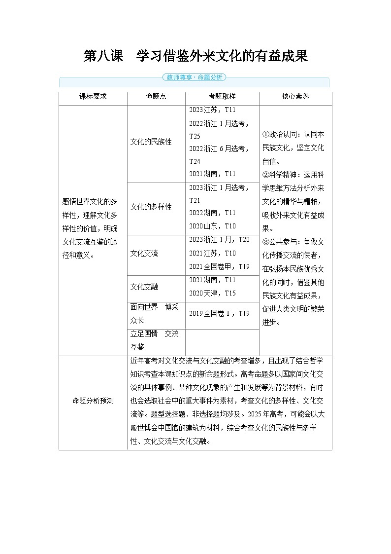 备战2025年高考政治精品教案必修4哲学与文化第八课学习借鉴外来文化的有益成果（Word版附解析）第1页