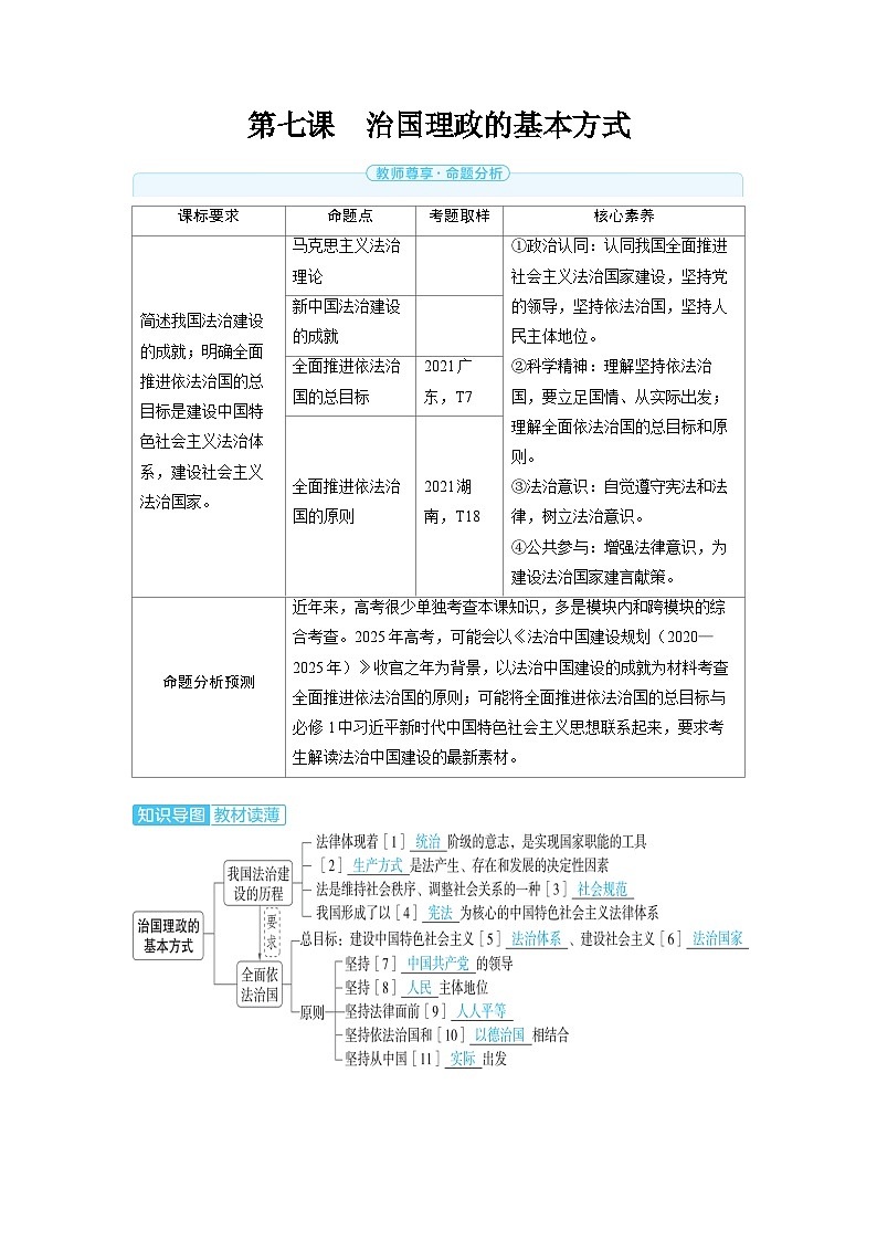 备战2025年高考政治精品教案必修3政治与法治第七课治国理政的基本方式（Word版附解析）第1页