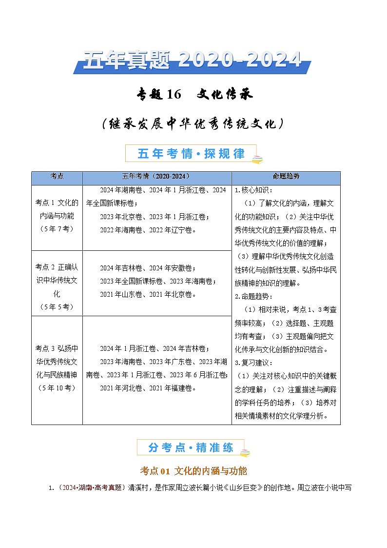 五年高考真题（2020-2024）分类汇编 政治 专题16 文化传承（继承发展中华优秀传统文化、学习借鉴外来文化的有益成果） 含解析第1页