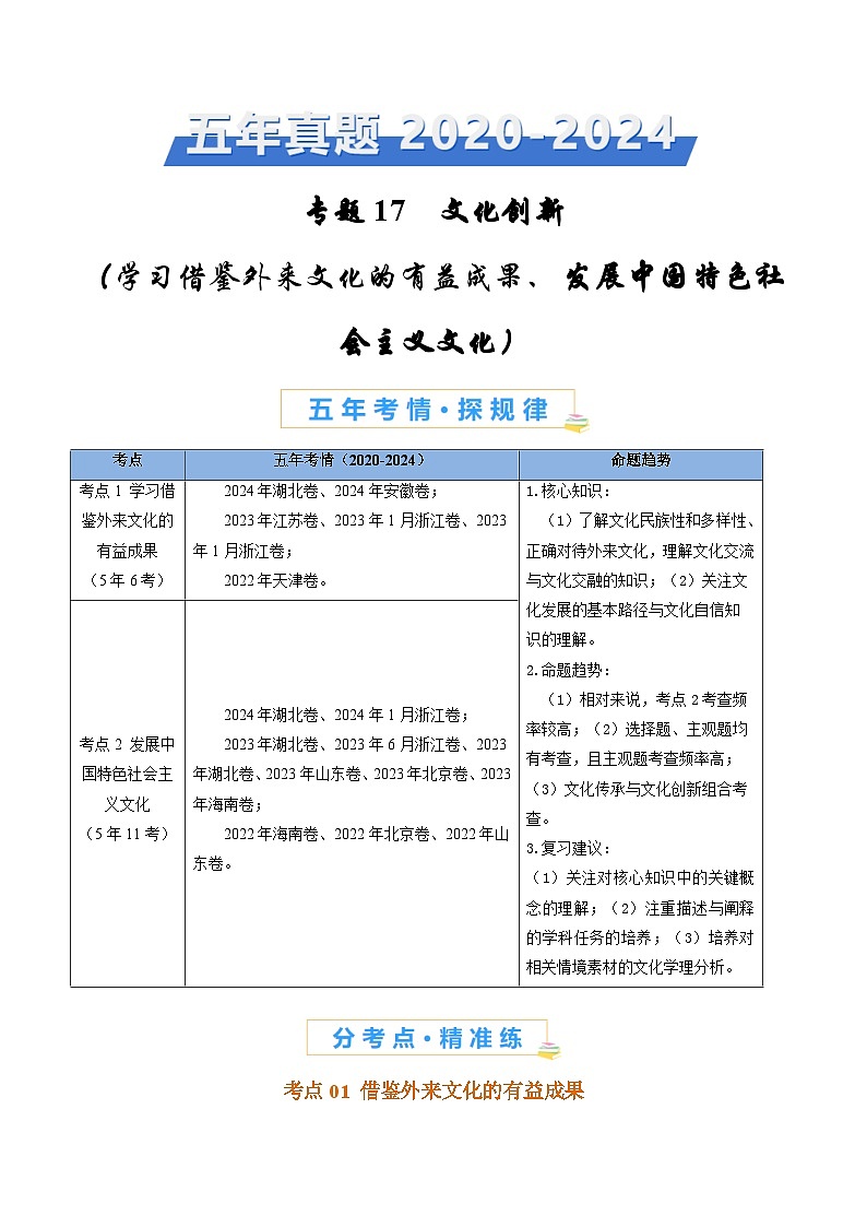 五年高考真题（2020-2024）分类汇编 政治 专题17文化创新（发展中国特色社会主义文化）  含解析第1页