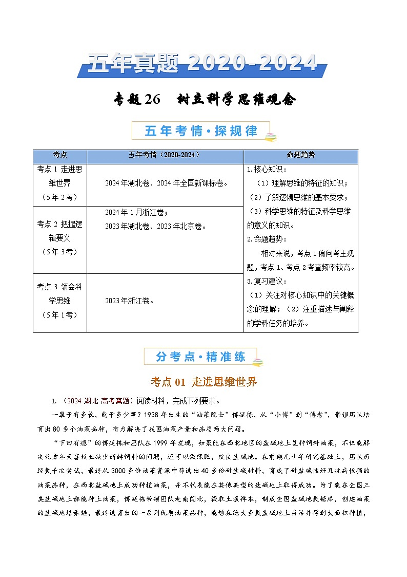 五年高考真题（2020-2024）分类汇编 政治 专题26 树立科学思维观念  含解析第1页