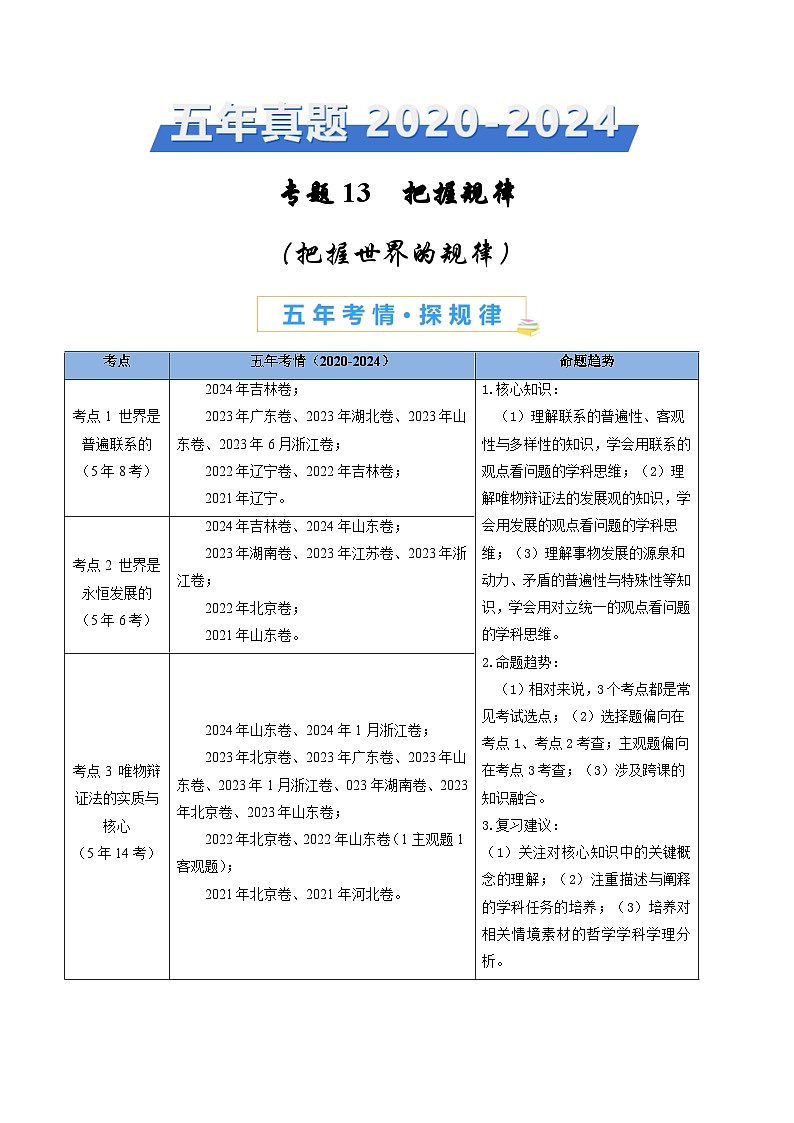 五年高考真题（2020-2024）分类汇编 政治 专题13 把握规律（把握世界的规律） 含解析第1页