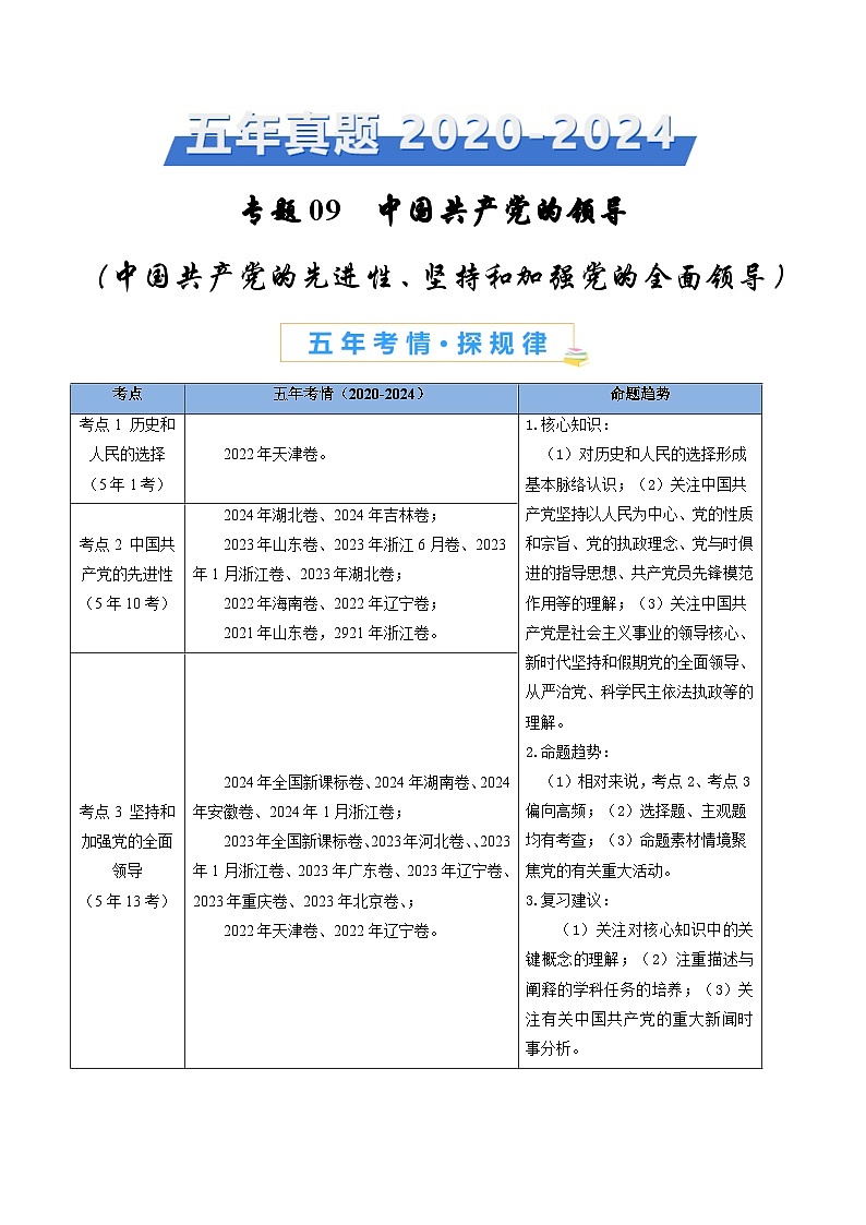 五年高考真题（2020-2024）分类汇编 政治 专题09 中国共产党的领导（中国共产党的先进性、坚持和加强党的全面领导） 含解析第1页