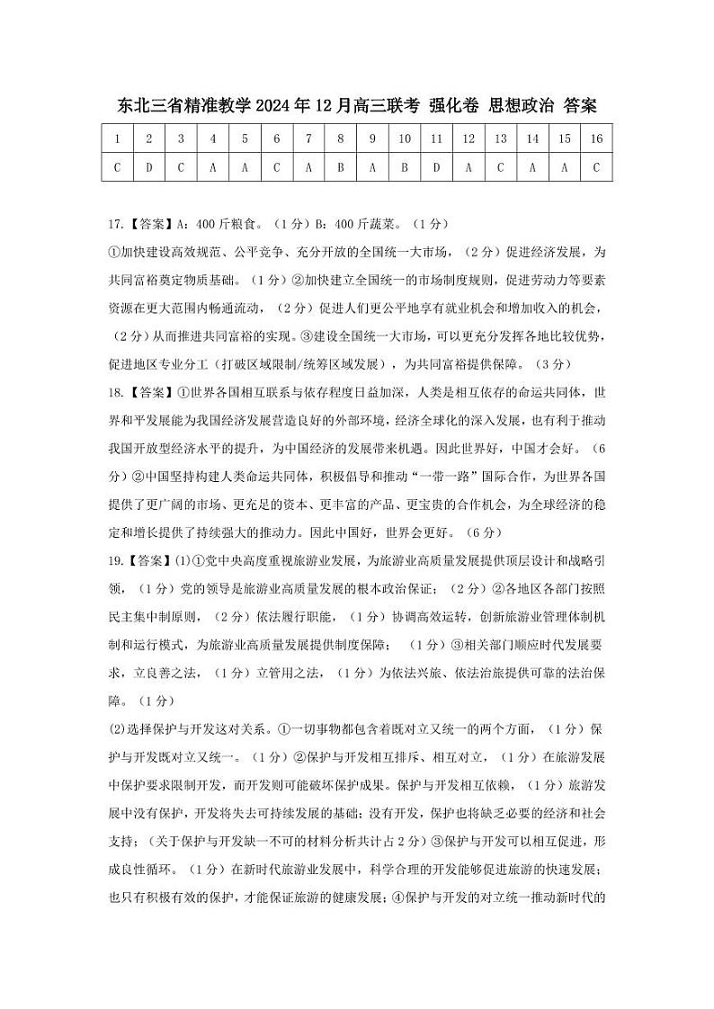 东北三省精准教学2024年12月高三联考 强化卷 思想政治 简版答案第1页